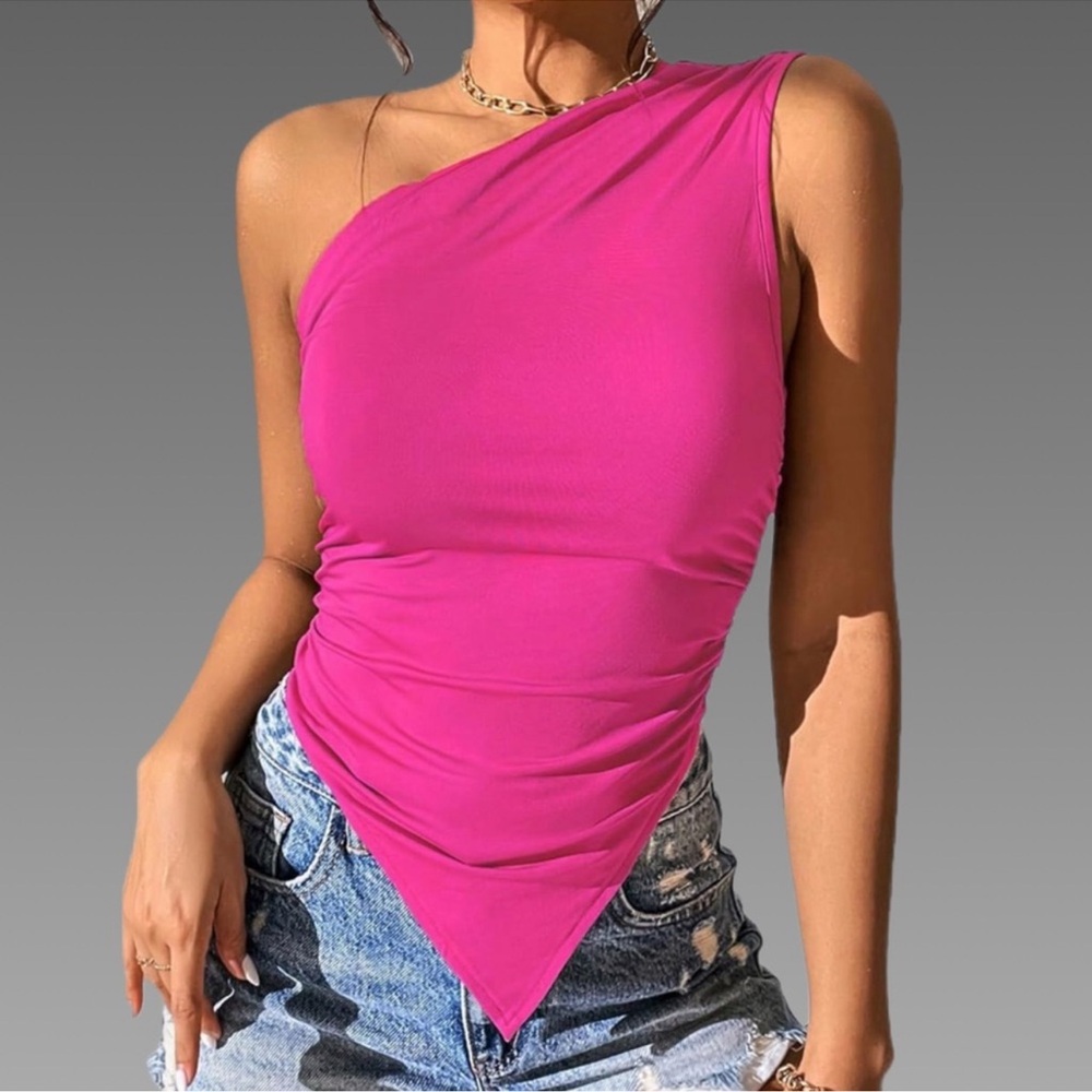 NWT Hot Pink - Asymmetrical - One-Shoulder - Ruched - Top - Small